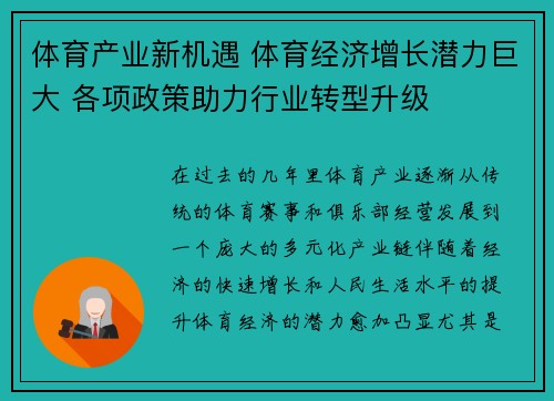 体育产业新机遇 体育经济增长潜力巨大 各项政策助力行业转型升级