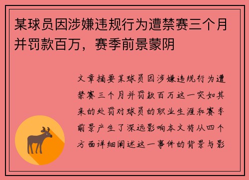 某球员因涉嫌违规行为遭禁赛三个月并罚款百万，赛季前景蒙阴