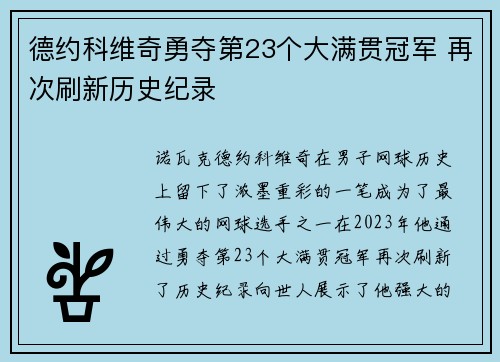 德约科维奇勇夺第23个大满贯冠军 再次刷新历史纪录